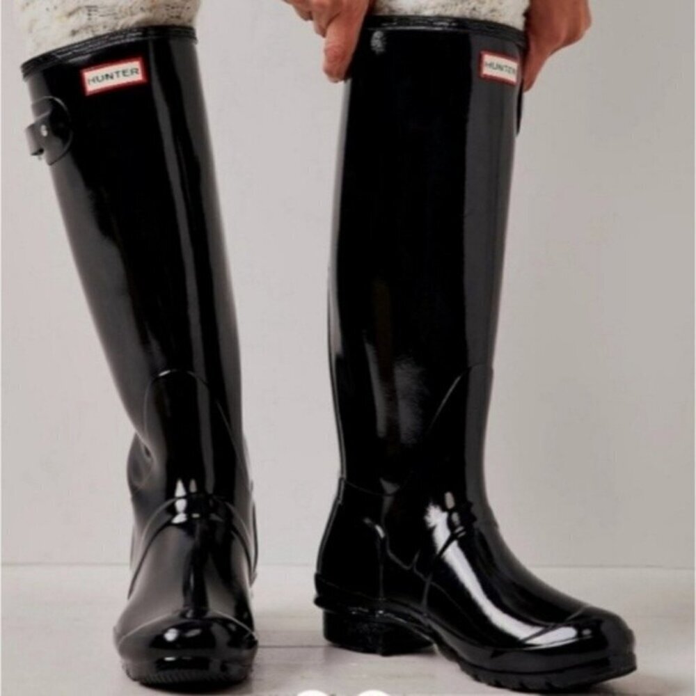 Hunter Wellies Tall Glossy Black Rain Boots Size 6